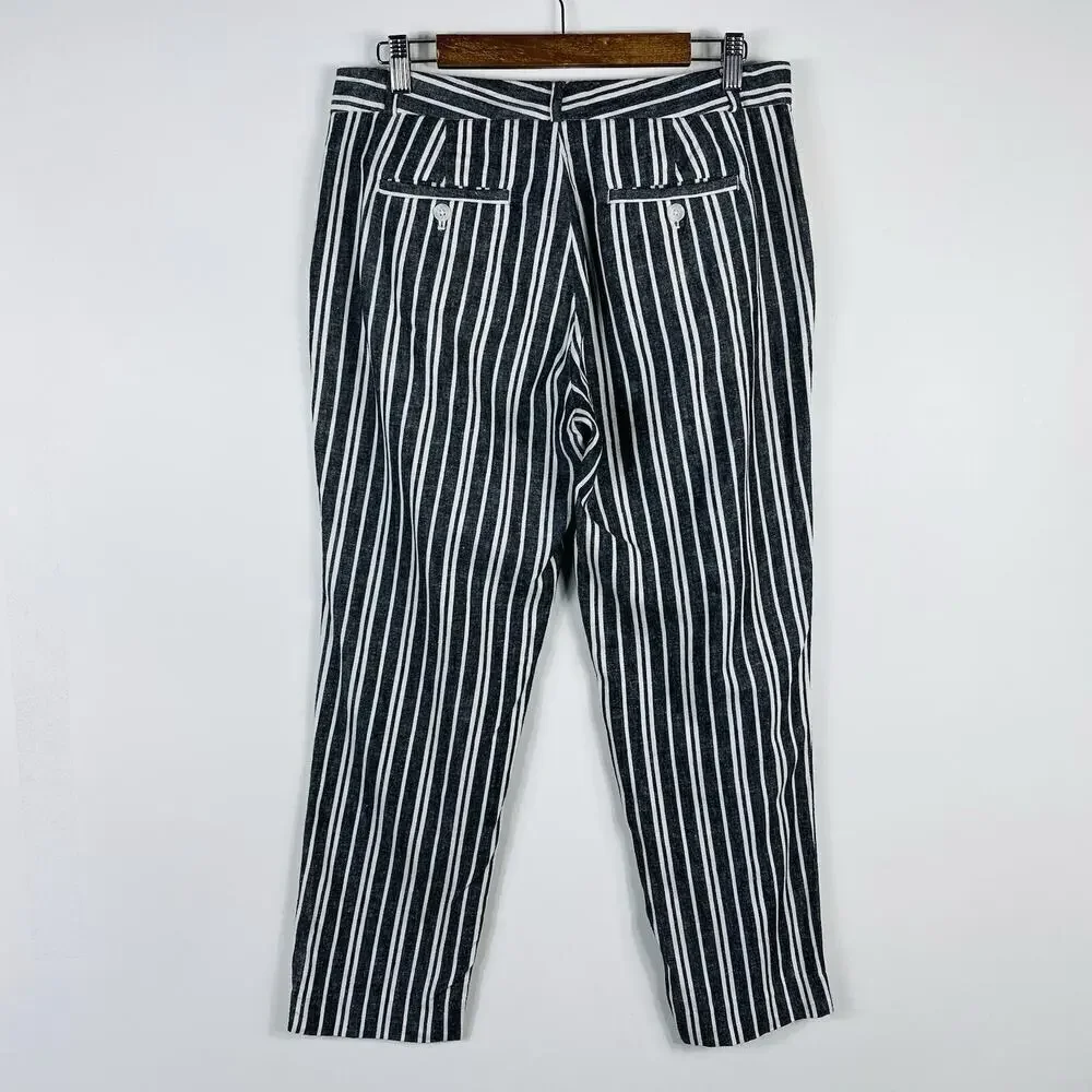 Banana Republic Size 6 Avery Striped Linen Blend Tailored Ankle Pants Black